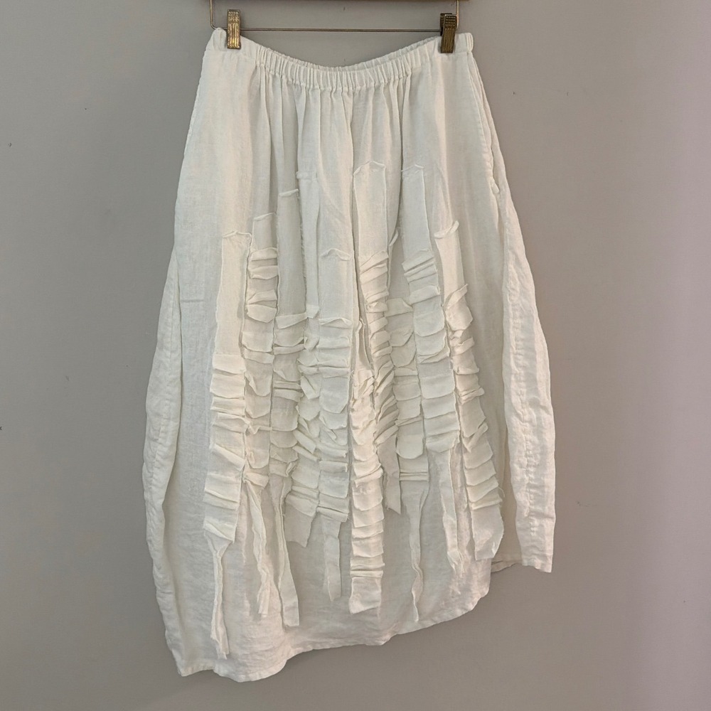 Krista‎ Larson White 100% Linen Ruffle Textured Lagenlook Skirt OSFM USA Made